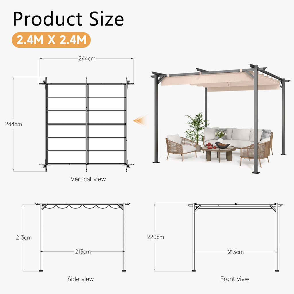 GardenEase Outdoor Retractable Pergola With Canopy 2.4m To 3m - UV Protective Shade And Durable Iron Frame