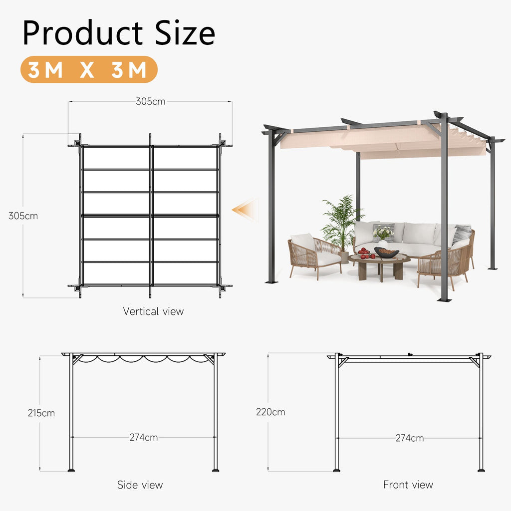 GardenEase Outdoor Retractable Pergola With Canopy 2.4m To 3m - UV Protective Shade And Durable Iron Frame
