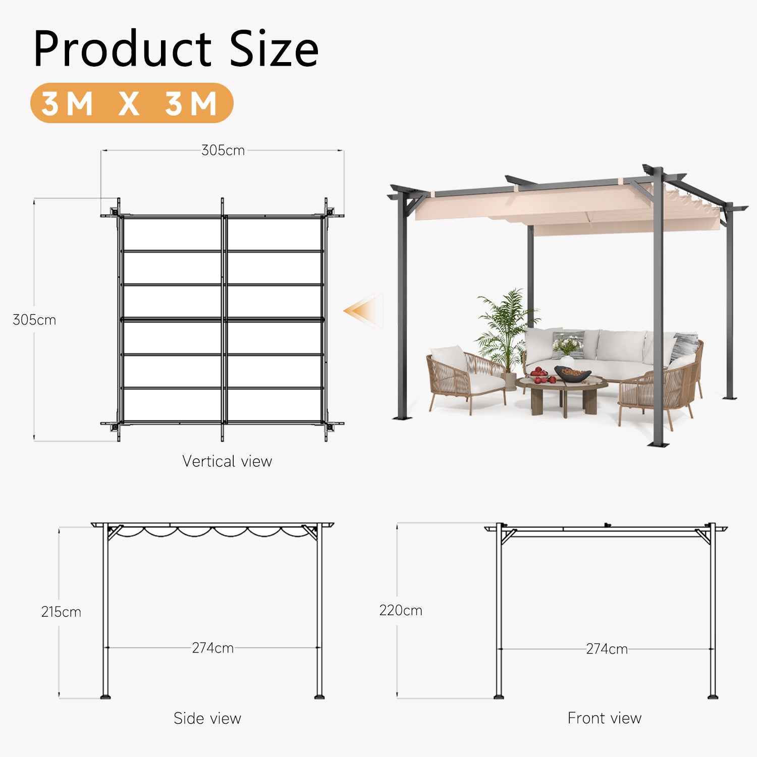 GardenEase Outdoor Retractable Pergola With Canopy 2.4m To 3m - UV Protective Shade And Durable Iron Frame