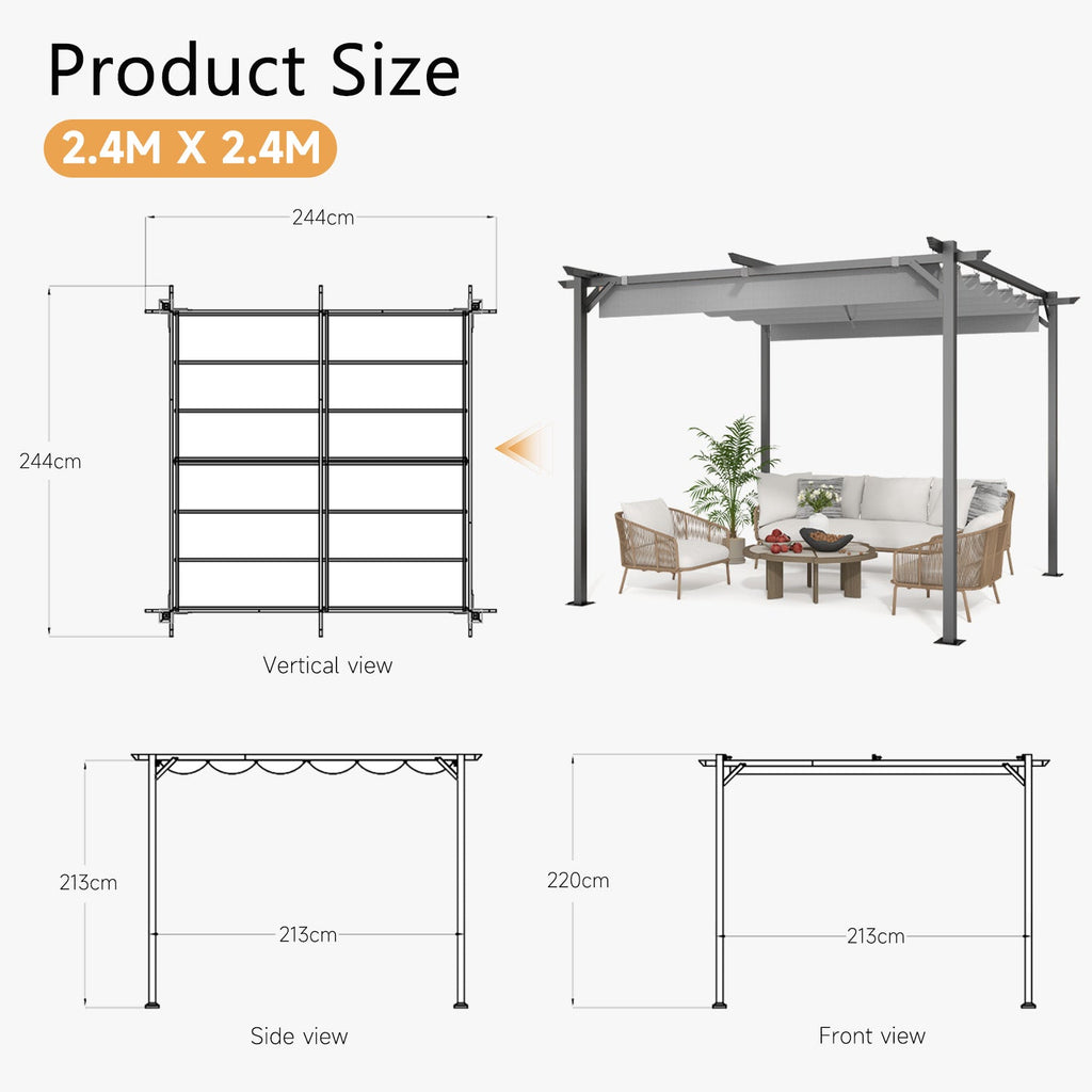 GardenEase Outdoor Retractable Pergola With Canopy 2.4m To 3m - UV Protective Shade And Durable Iron Frame