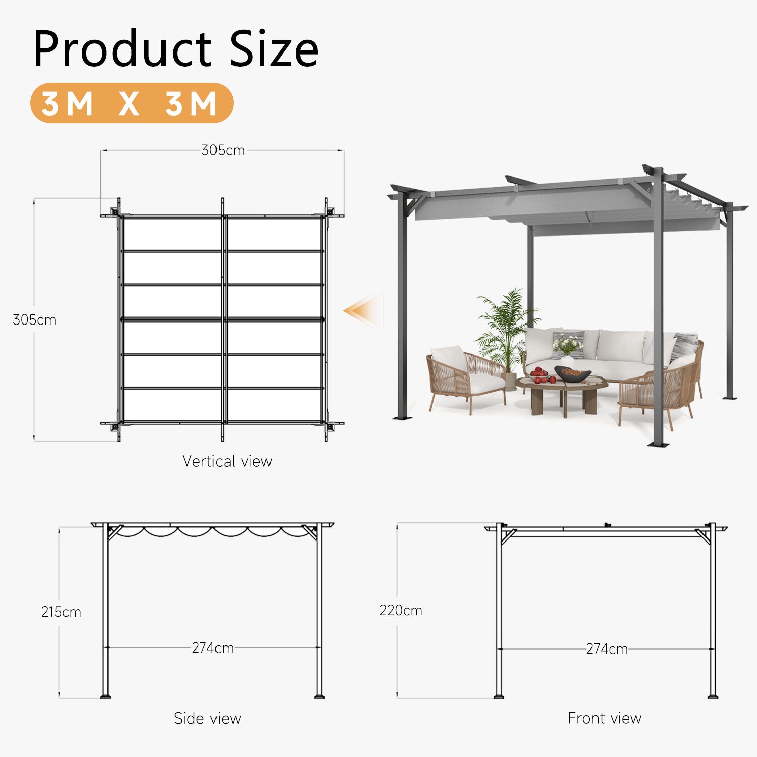 GardenEase Outdoor Retractable Pergola With Canopy 2.4m To 3m - UV Protective Shade And Durable Iron Frame