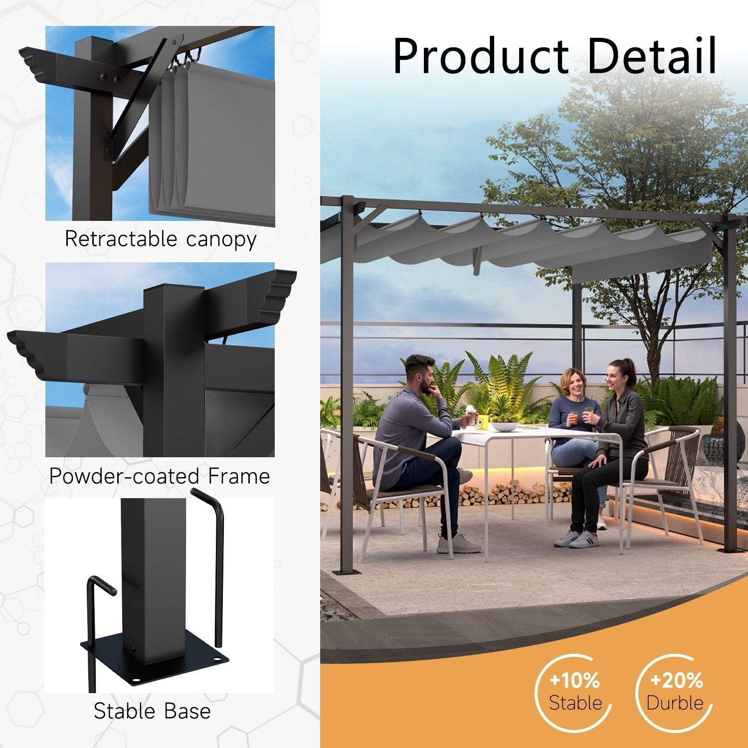 GardenEase Outdoor Retractable Pergola With Canopy 2.4m To 3m - UV Protective Shade And Durable Iron Frame