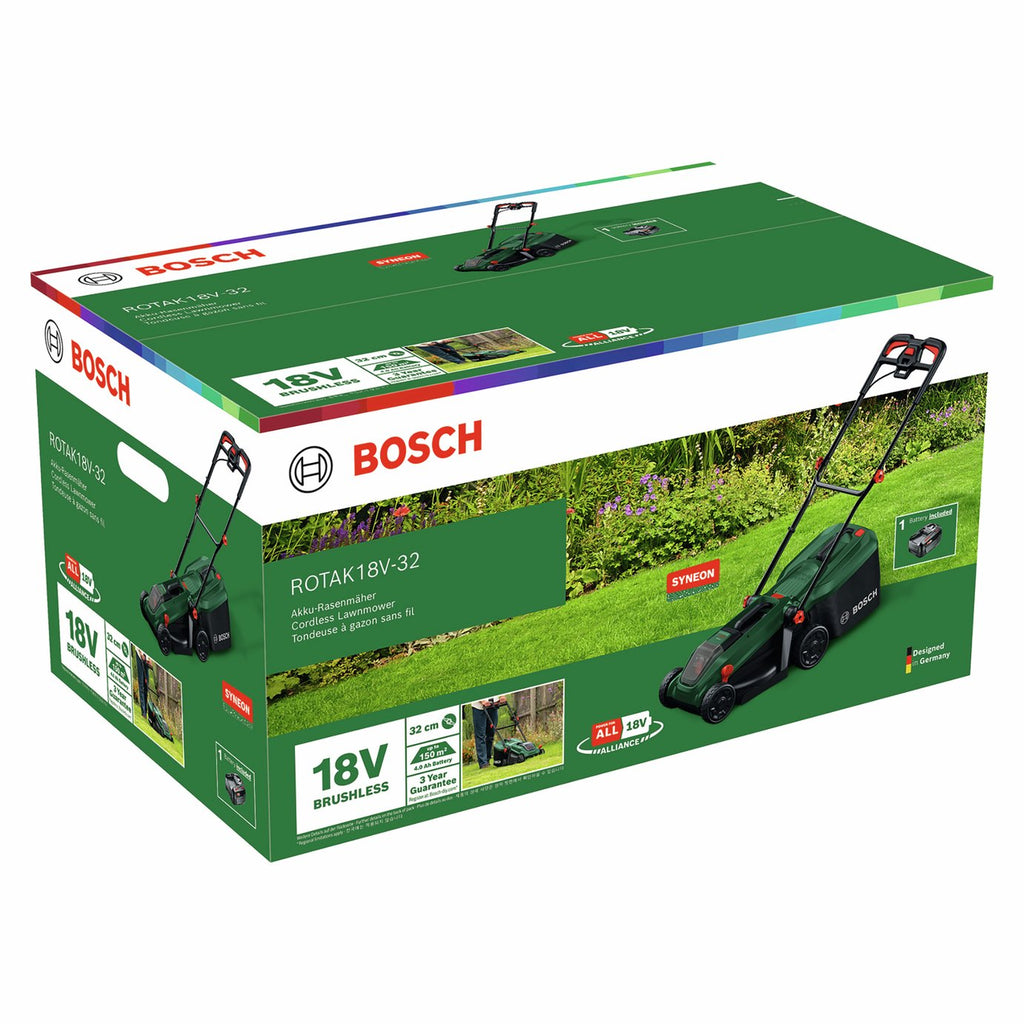 Bosch Rotak 32cm Electric Cordless Rotary Lawnmower 18V - Brushless Motor With Syneon Technology For Efficient Power