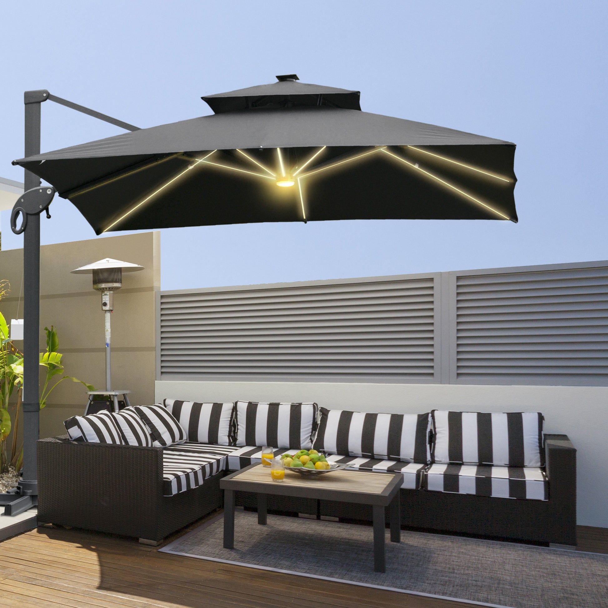 Outsunny 3x3m Aluminum Sun Square Canopy Top - 360 Degree Rotation Crank Parasol With Adjustable Pole Angle