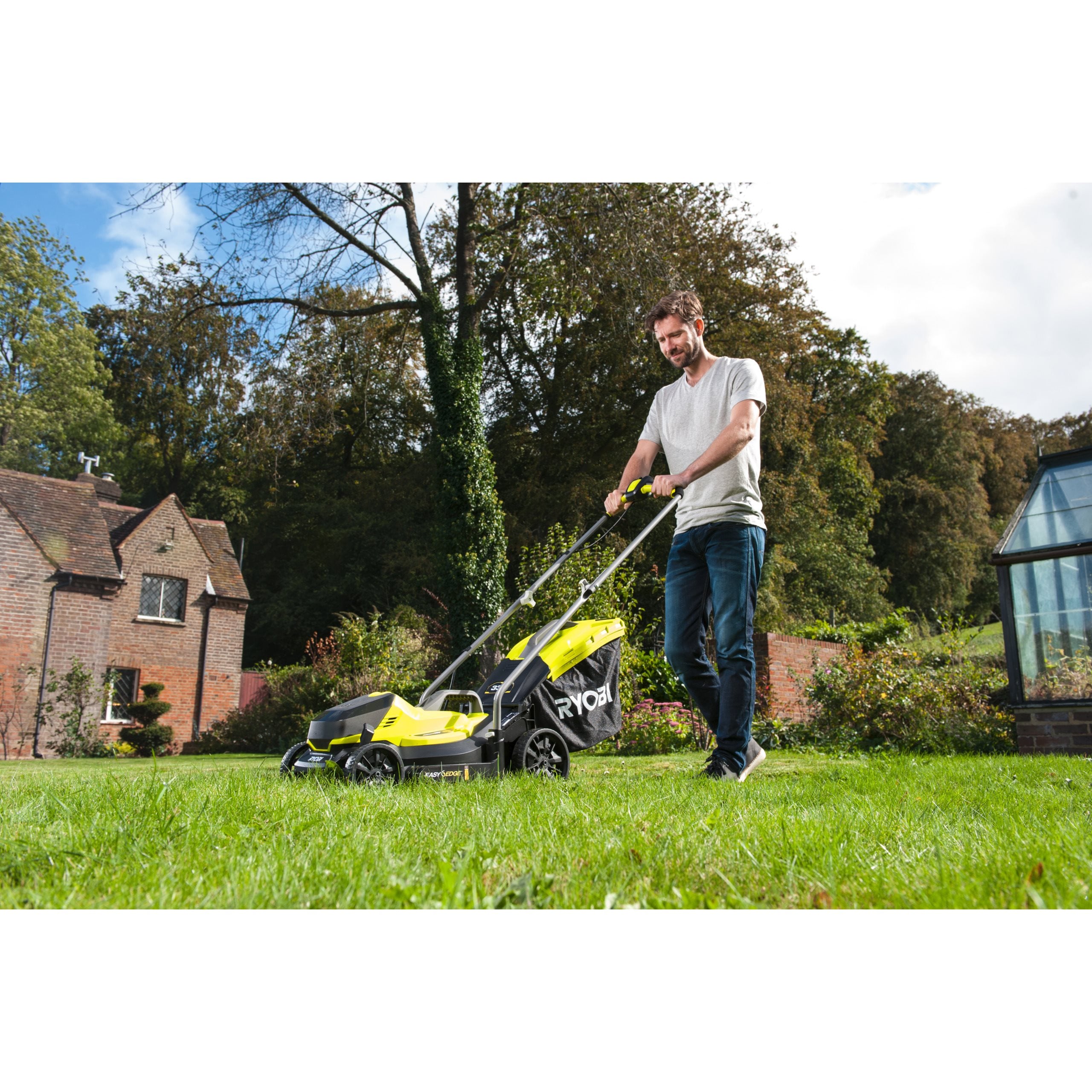 Ryobi ONE+ Cordless Lawn Mower And Grass Trimmer Set With 5-Position Height EasyEdge - 33cm Cut And 5.0Ah Battery
