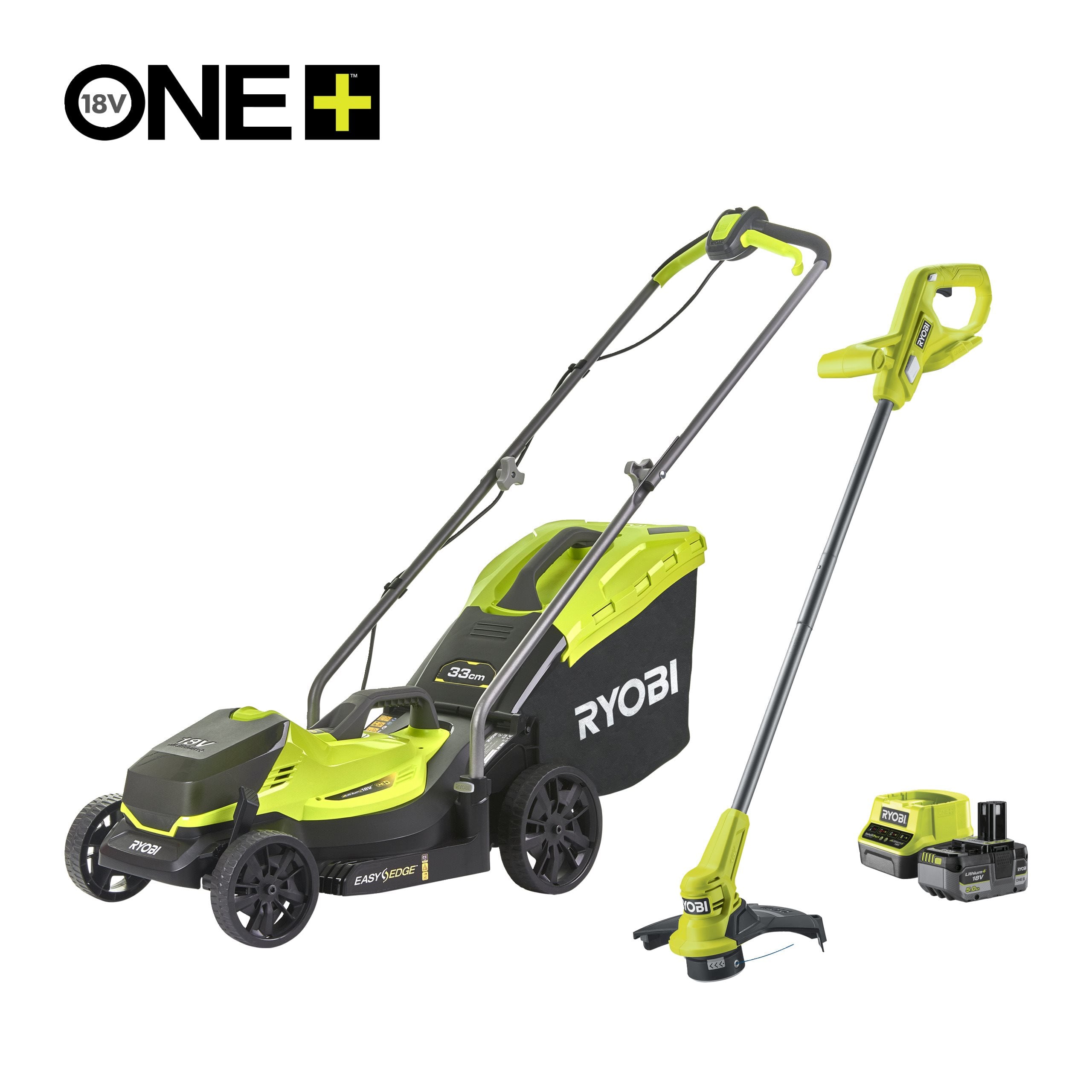 Ryobi ONE+ Cordless Lawn Mower And Grass Trimmer Set With 5-Position Height EasyEdge - 33cm Cut And 5.0Ah Battery