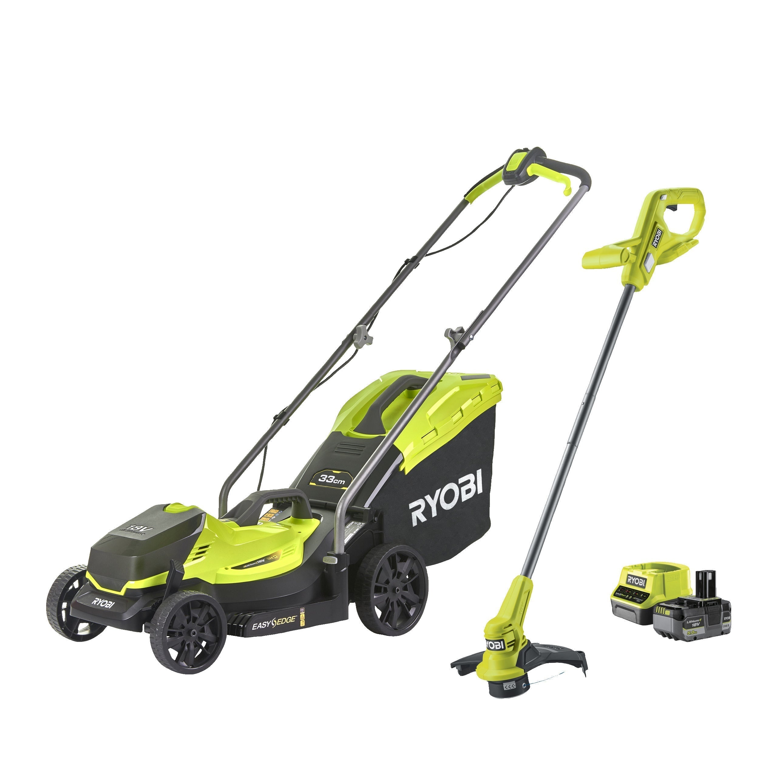 Ryobi ONE+ Cordless Lawn Mower And Grass Trimmer Set With 5-Position Height EasyEdge - 33cm Cut And 5.0Ah Battery