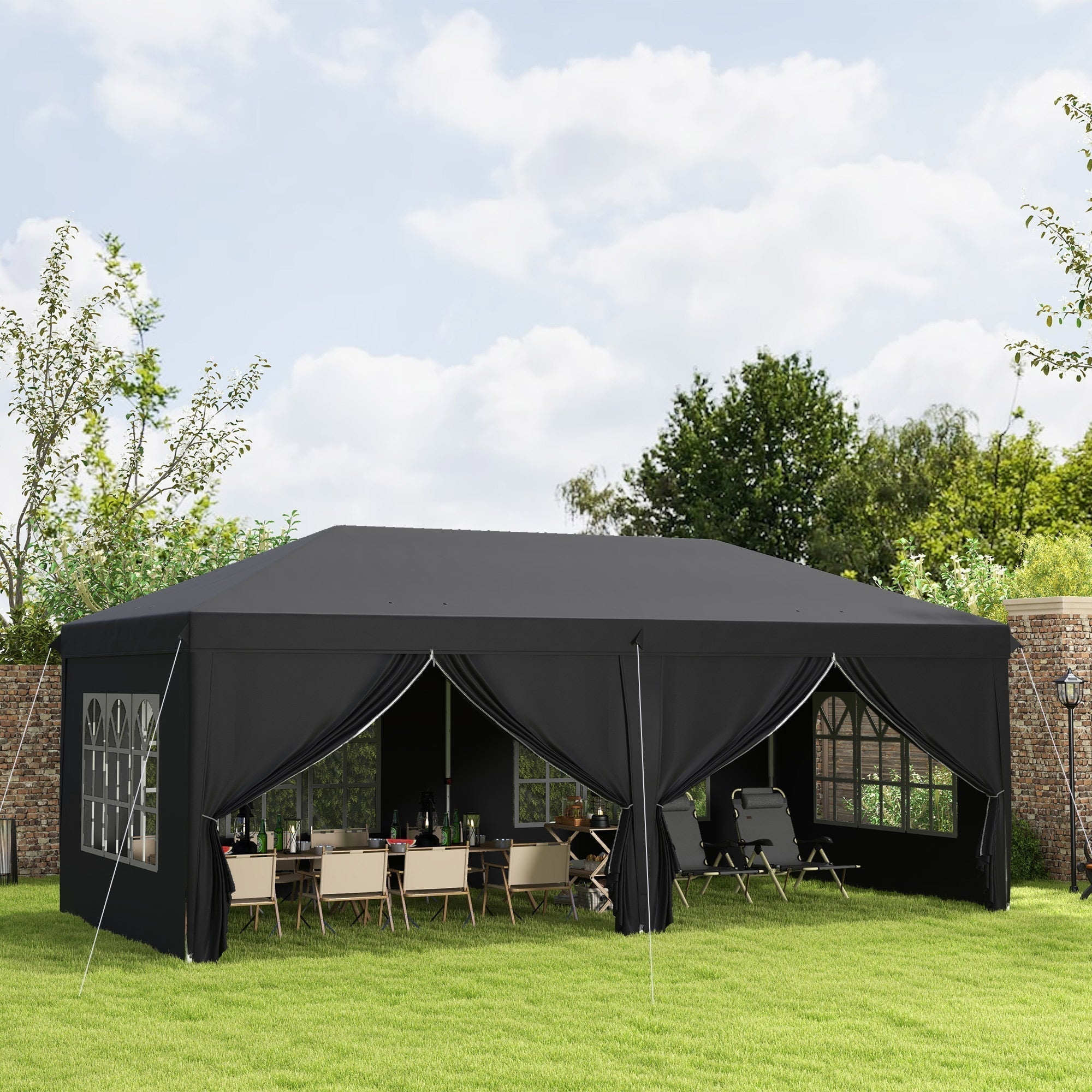 Outsunny 3x6m Garden Pop Up Gazebo With Sidewalls Windows Carry Bag Black - Quick Assembly Outdoor Party Shelter