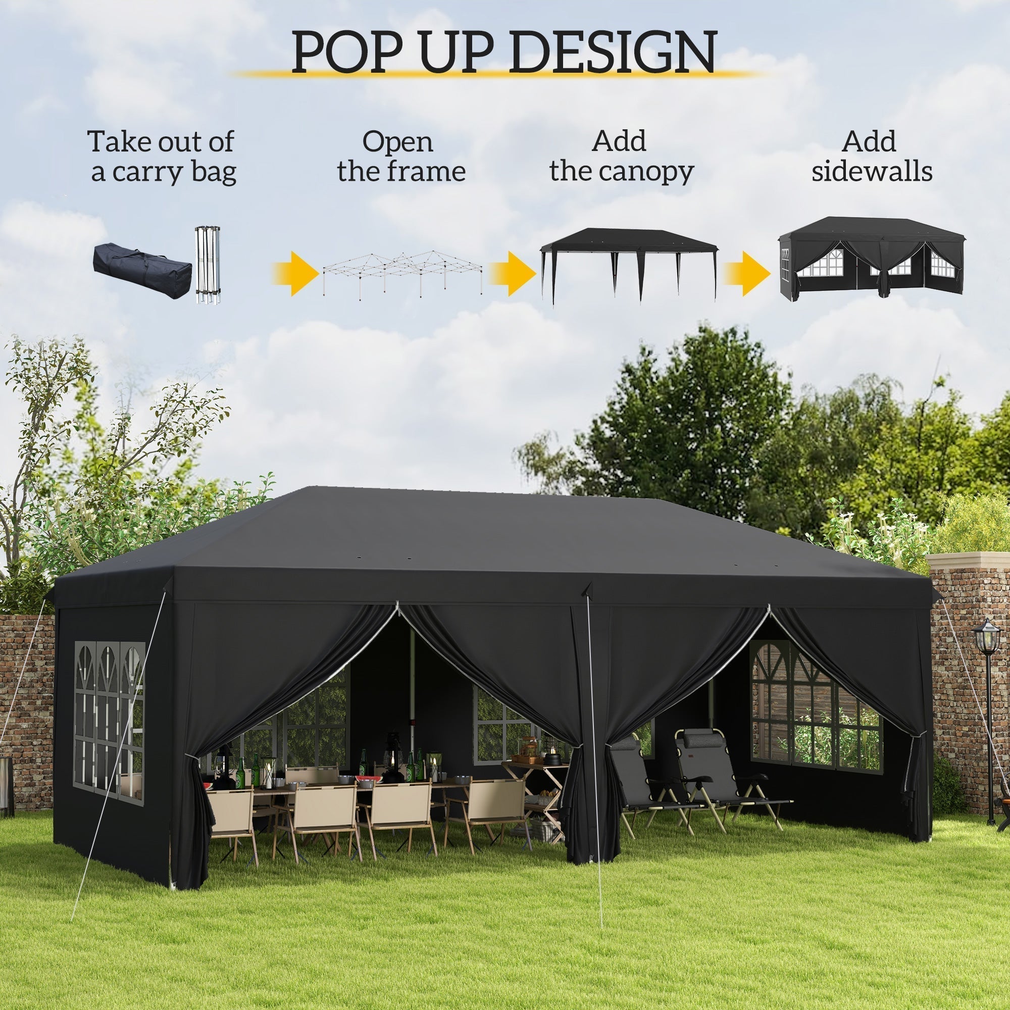 Outsunny 3x6m Garden Pop Up Gazebo With Sidewalls Windows Carry Bag Black - Quick Assembly Outdoor Party Shelter