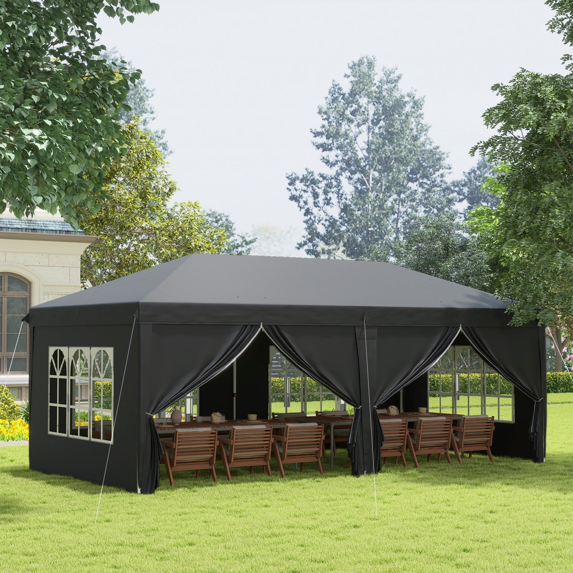 Outsunny 3x6m Garden Pop Up Gazebo With Sidewalls Windows Carry Bag Black - Quick Assembly Outdoor Party Shelter