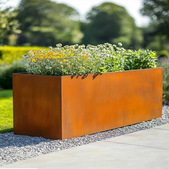 Woven Wood 100cm Corten Steel Trough Planter - Pre-Rusted Finish For Lasting Weather Resistant Outdoor Display