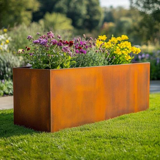 Woven Wood 100cm Corten Steel Trough Planter - Pre-Rusted Finish For Lasting Weather Resistant Outdoor Display