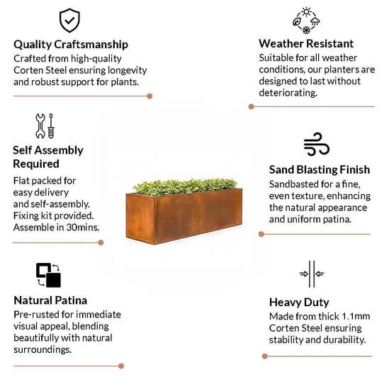 Woven Wood 100cm Corten Steel Trough Planter - Pre-Rusted Finish For Lasting Weather Resistant Outdoor Display