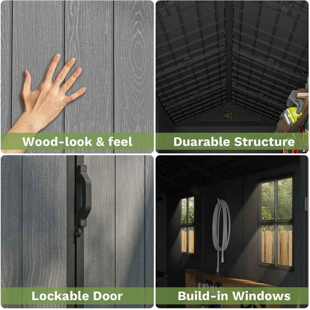 Pro Grade 6ft x 8ft Premium Plastic Double Door Garden Shed - Wood Touch Texture And Maintenance Free