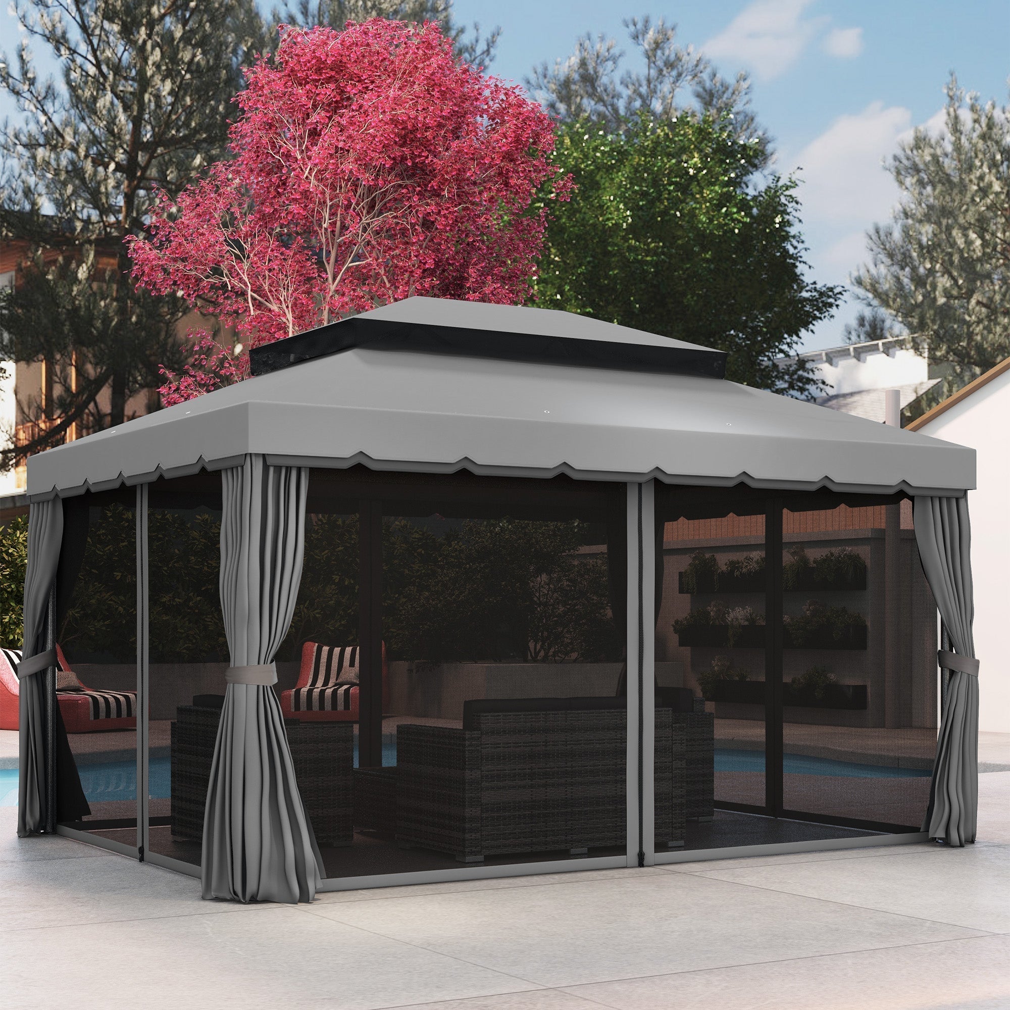 GardenPro Aluminium Garden Gazebo 3x4m Pavilion - Two Tier Canopy With Nets And Curtains