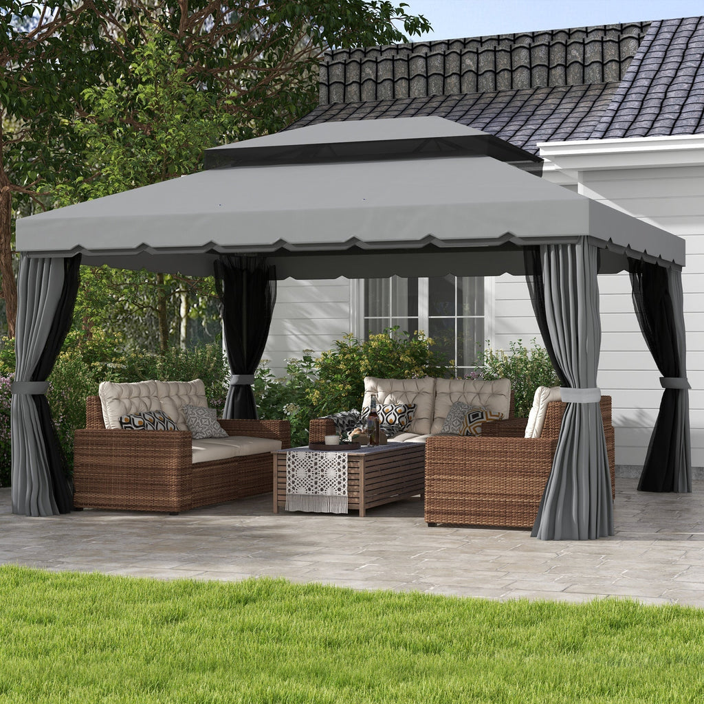 GardenPro Aluminium Garden Gazebo 3x4m Pavilion - Two Tier Canopy With Nets And Curtains