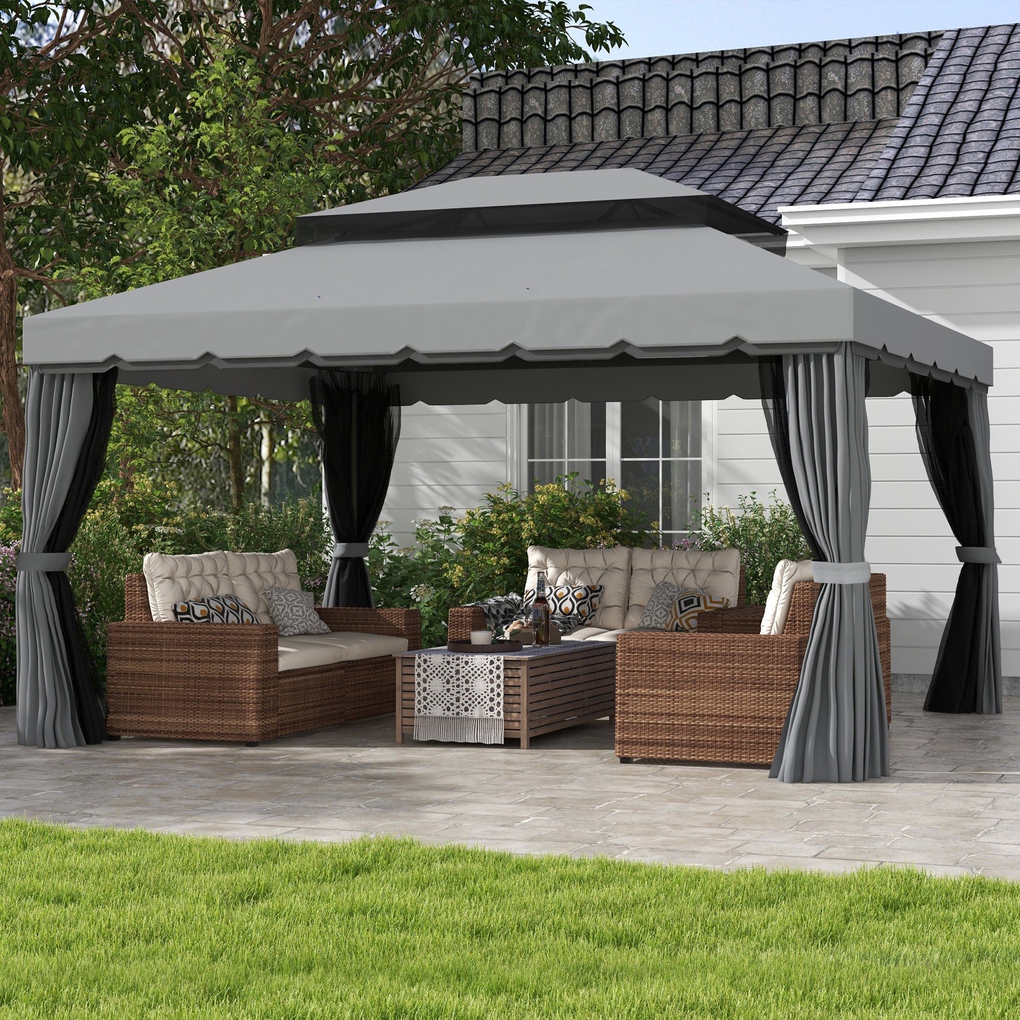 GardenPro Aluminium Garden Gazebo 3x4m Pavilion - Two Tier Canopy With Nets And Curtains