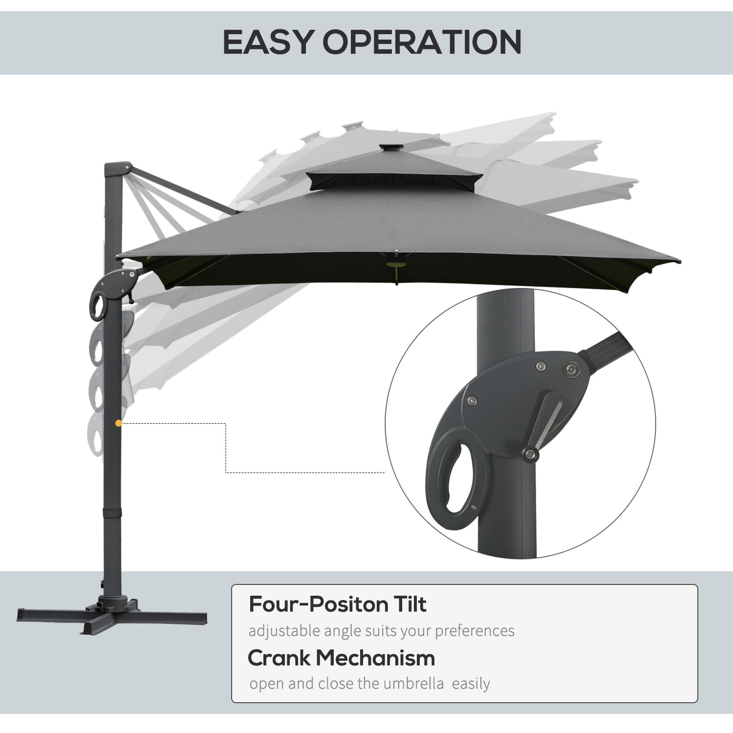 Outsunny 3x3m Aluminum Sun Square Canopy Top - 360 Degree Rotation Crank Parasol With Adjustable Pole Angle